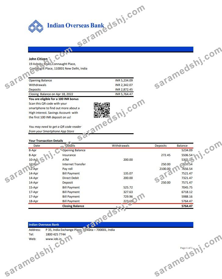 India Indian Overseas Bank statement